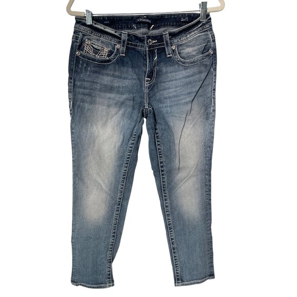 Vigoss Heritage Fit Distressed Capri Jeans Womens 6 Blue Denim Sequin Rhinestone - Picture 1 of 13